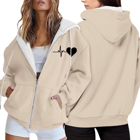 ZHOGXU Women's Hooded Coat With Pocket Long Sleeve Love Heart Print Zipper Drawstring Comfortable Stylish Jacket For Casual Daily Wear Beige L