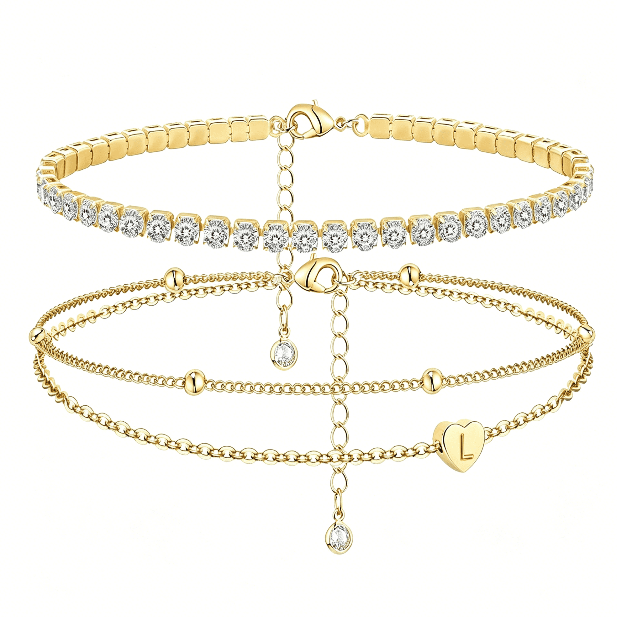 DESIGNICE Initial Ankle Bracelets for Women,Dainty Gold Layered Heart Cz Bead Anklets,14K Gold Plated Waterproof Summer Beach Jewelry Set