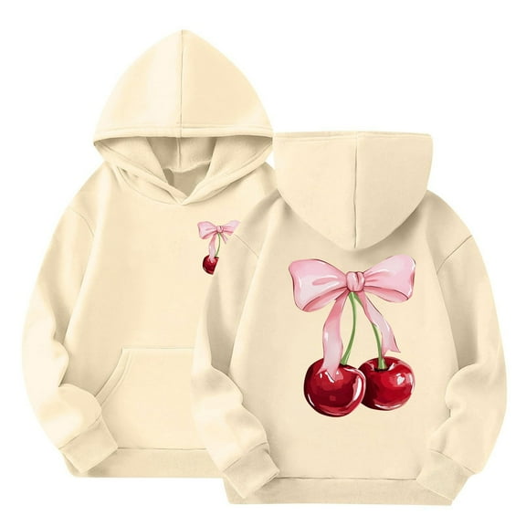 YunPes Girl's Cherry Graphic Hoodies Kids Bow Cherry Pullover Hooded Sweatshirt Boys Long Sleeve Oversized Sweaters Cute Preppy Coat