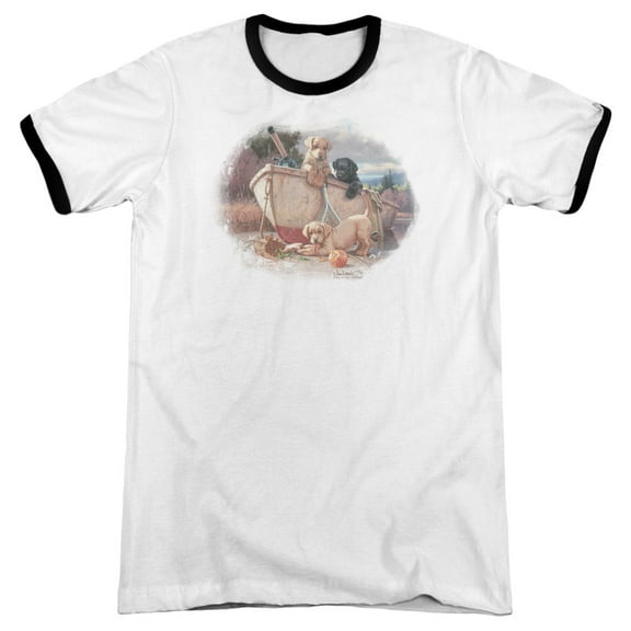 Wildlife Lunch Break Lab Pups Adult Ringer T-Shirt White Black