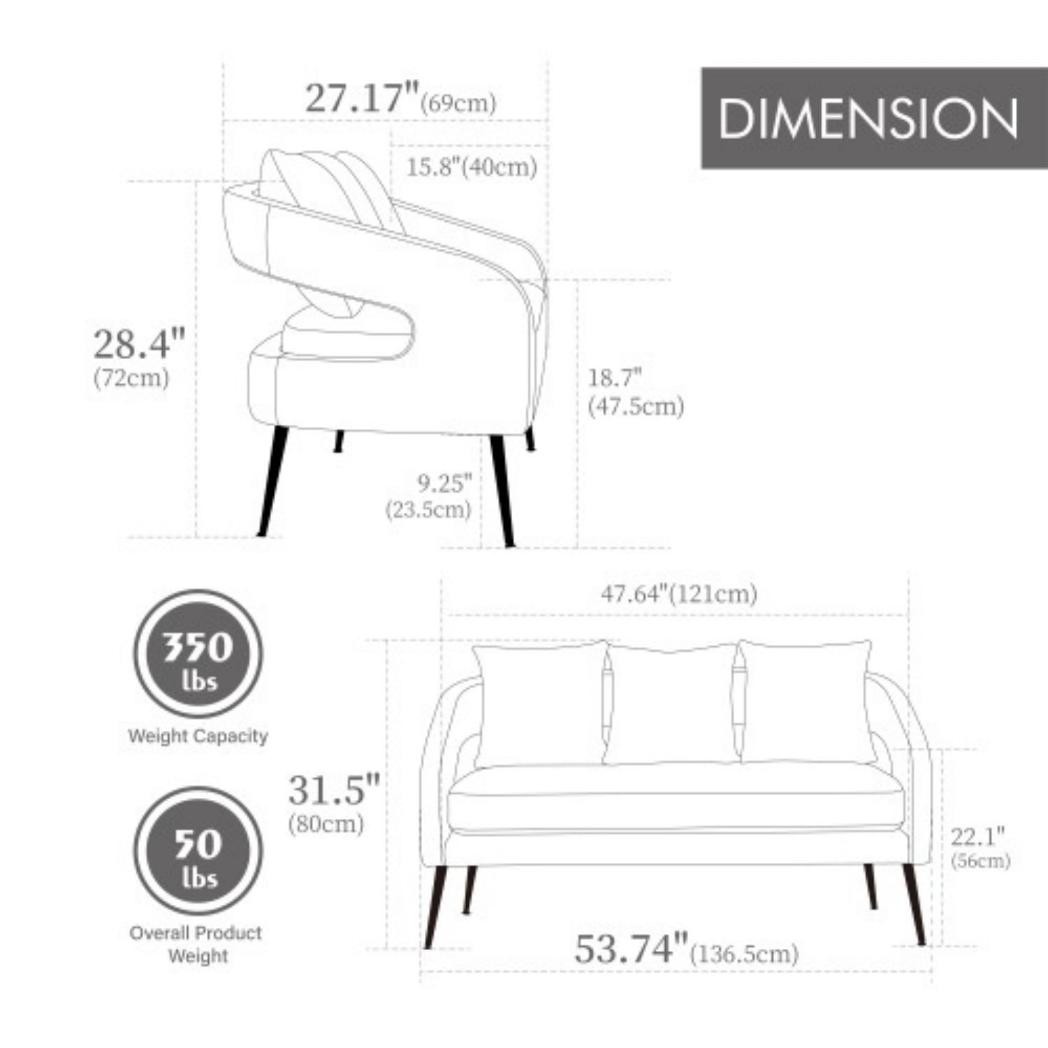 53.7" Modern Velvet Loveseat Sofa 2 Seater Upholstered Mini Couch with Open Back, Metal Legs and 3 Pillows for Living Room Bedroom Office Dorm Apartment, Green
