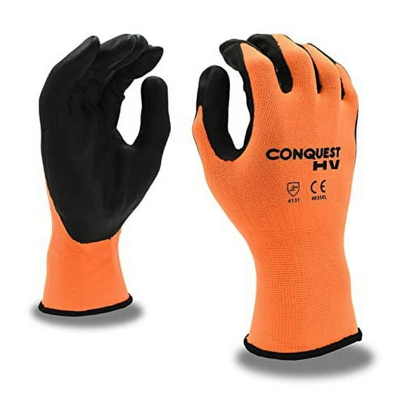 12-Pack of Cordova 6935M Conquest Hv Work Gloves, Premium, Hi-Vis Orange Nylon/Spandex Shell, Black Foam Nitrile/Pu Palm Coating, Medium