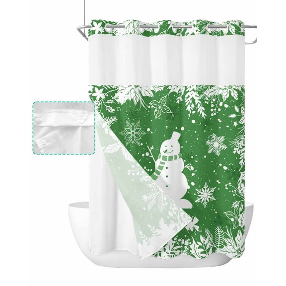 No Hook Shower Curtain with Snap in Liner, Christmas Snowman Winter Snowflake Green Background Hotel Shower Curtains for Bathroom, Washable Shower Curtain Liner Set with Mesh Top Window, 48"x72"
