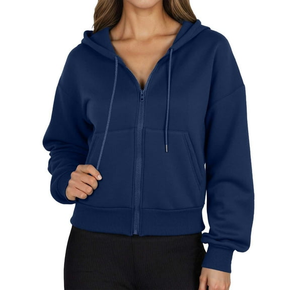DHFJKG Women's Hooded Crop Sweatshirt Coat Solid Color Long Sleeved Drop Shoulder Zipper Drawstring Hoodies Relaxed Fit Tops