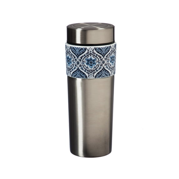 Cypress The Tandem Double wall Stainless Steel and Ceramic Cup, 17 OZ, Blue Bloosom Array