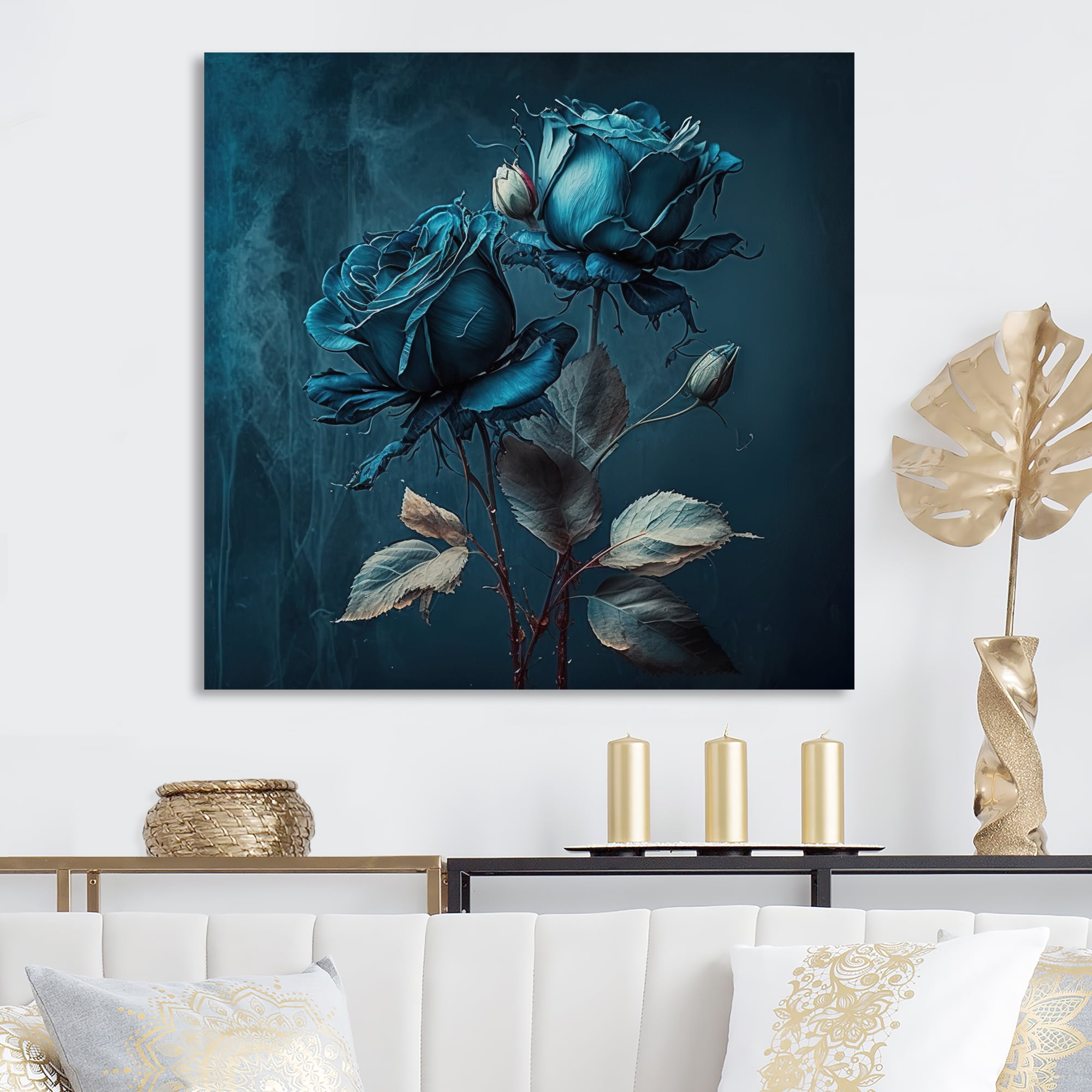 Designart Rose Blue And White II Canvas Wall Art