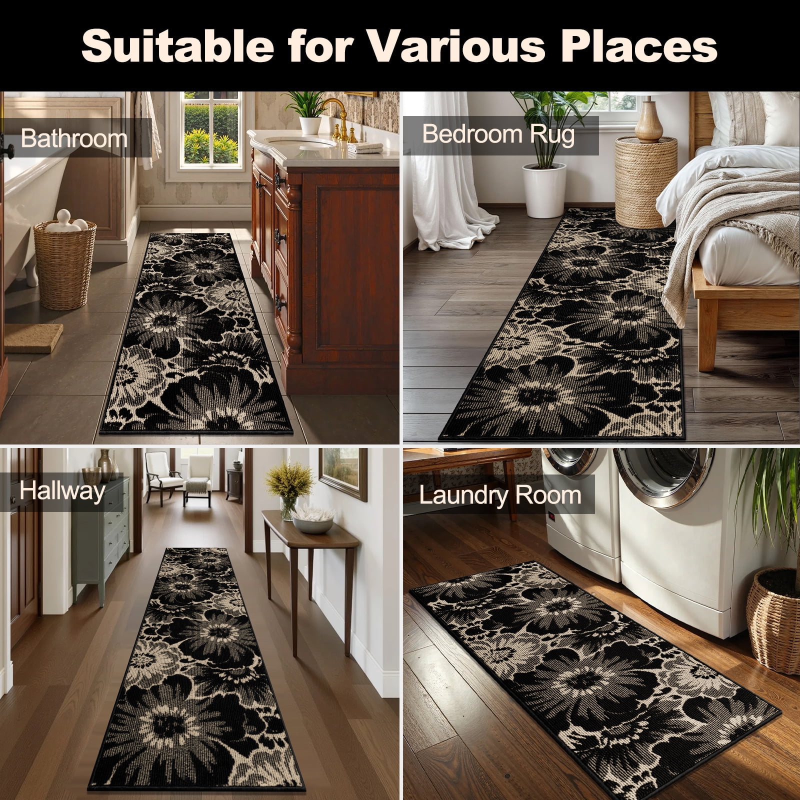 Findosom Runner Rug for Hallway 2x6 ft,Non-slip Machine Washable Runners Flower Floor Mats Low Pile Carpet Rug Runner with Rubber Backing for Entryway Doormat Bathroom Kitchen Laundry Room,Black