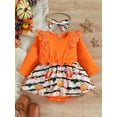 thumbnail image 2 of Qmyliery 2 Pcs Baby Girls Halloween Rompers, Baby Girls Pumpkin  Stripe Print Long Sleeve Patchwork Lace Bodysuit + Bow Headband, 2 of 9