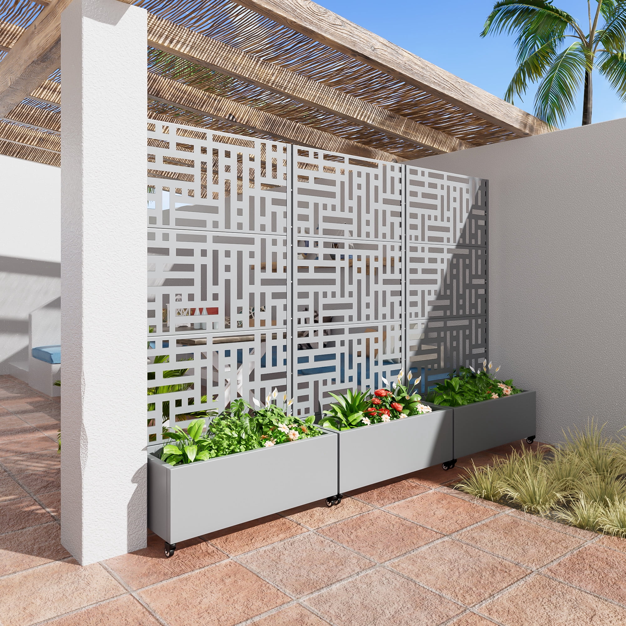 MAYEERTY 72.0"×35.4"×15.7" Gray Iron Planter Box with Trellis - Street-Inspired Design, Sturdy for Climbing Vines
