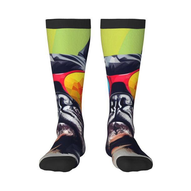 Fotbe Rainbow Bulldog Sunglasses Calcetas Divertidas Estampadas para Hombre y Mujer, Calcetas de Algodón hasta la Rodilla para Caminar, Correr, Enfermería y Embarazo