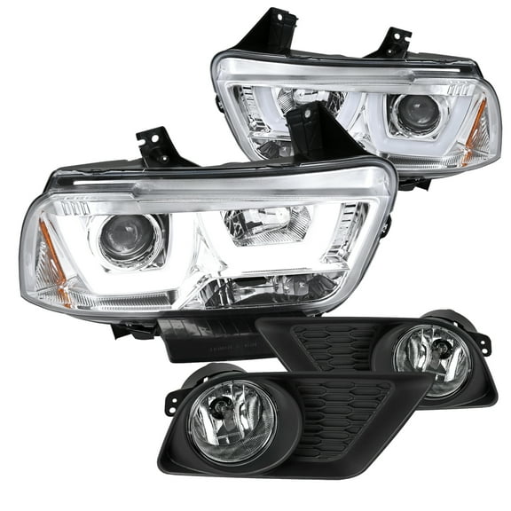 Spec-D Tuning Chrome Halo Projector Headlights Clear Fog Amber Bumper Lights Compatible with Dodge Charger Left Right Pair Headlamps Assembly