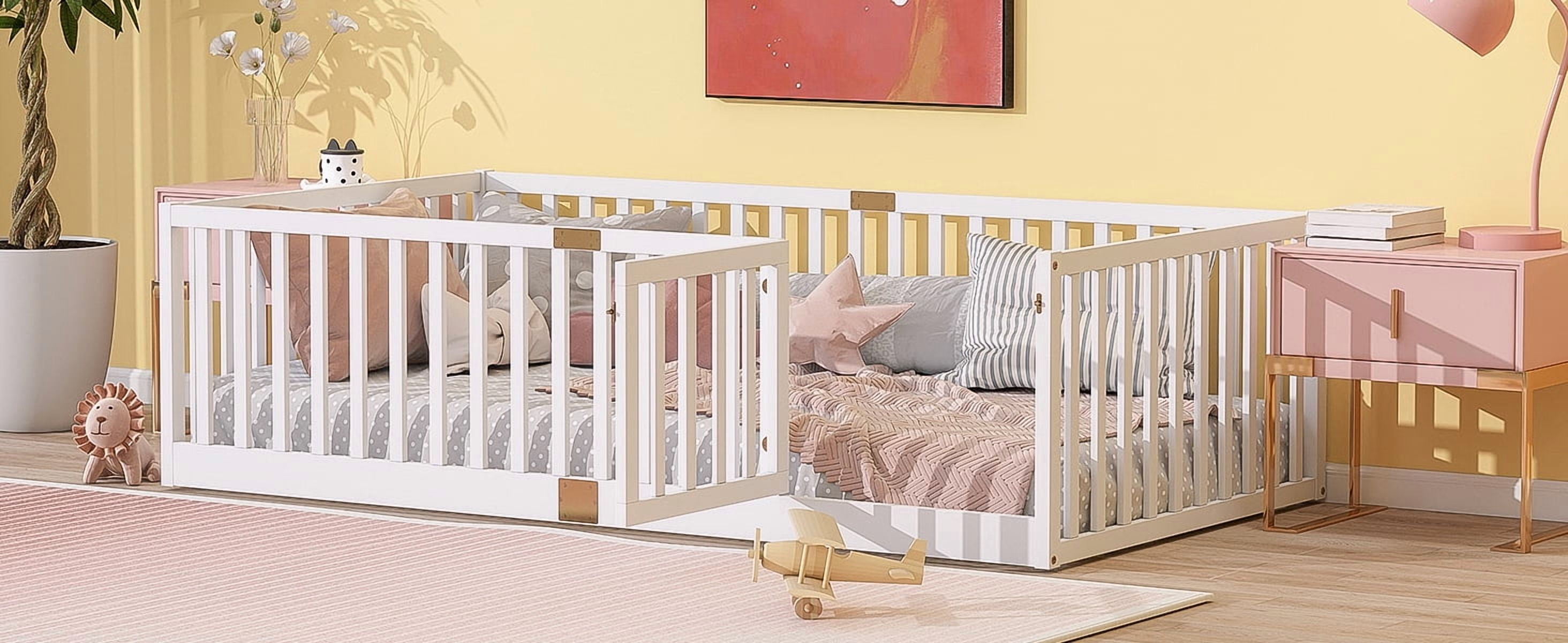 Twin Size Floor Bed with High Fence Railings, with Door, Rubber Wood Floor Bed with Safety Guardrails,White (Old Sku W504P287652)