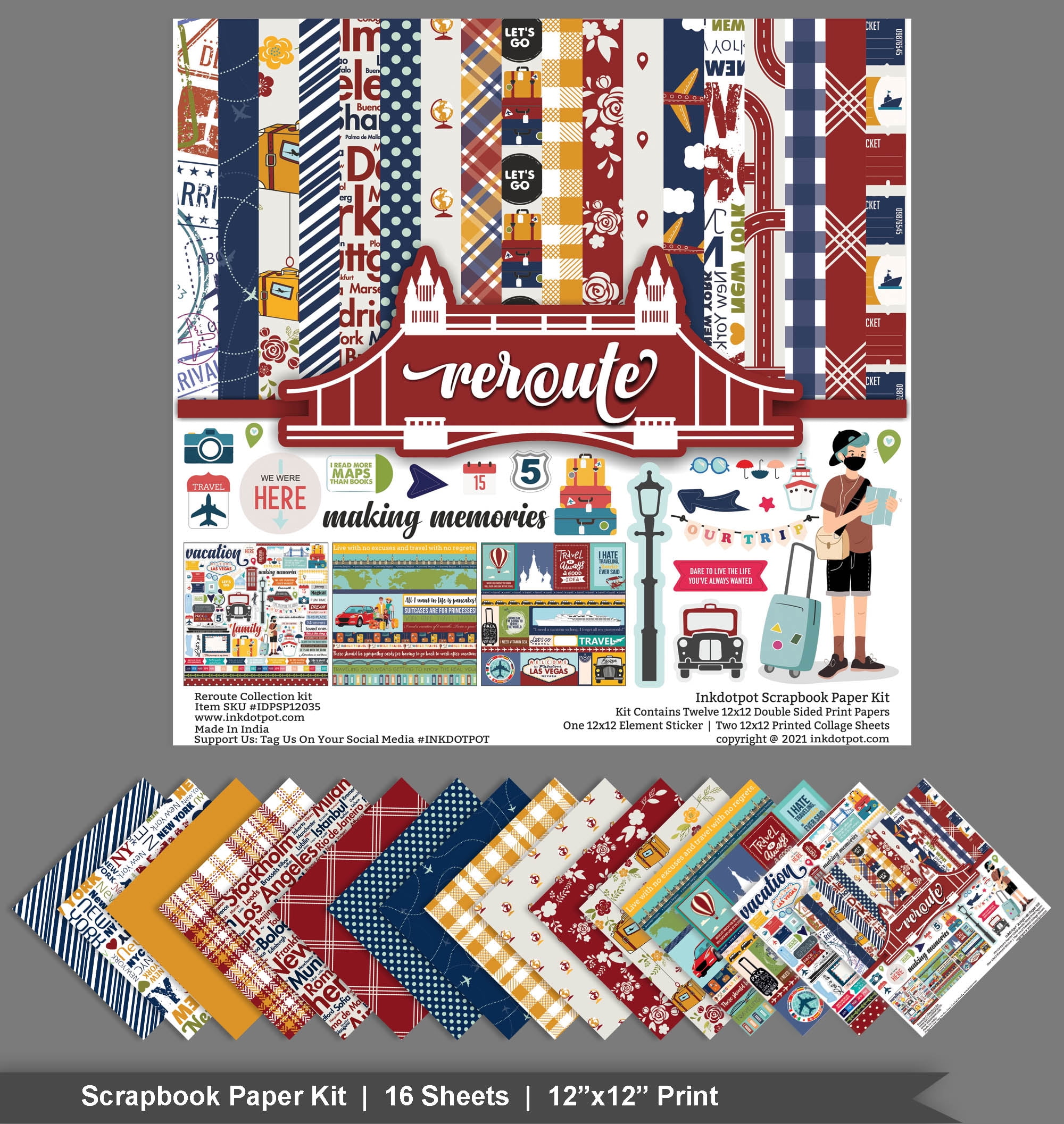 Inkdotpot Travel Collection Double,Sided Scrapbook Paper Kit Cardstock 12"x12" Card Making Paper Pack Of With Sticker Sheet - 16 Pages - Multicolor