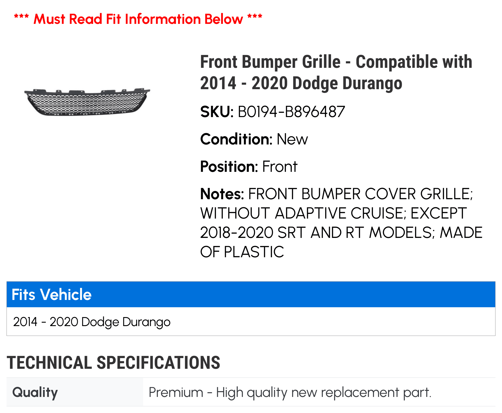 Front Bumper Grille - Compatible with 2014 - 2020 Dodge Durango 2015 2016 2017 2018 2019