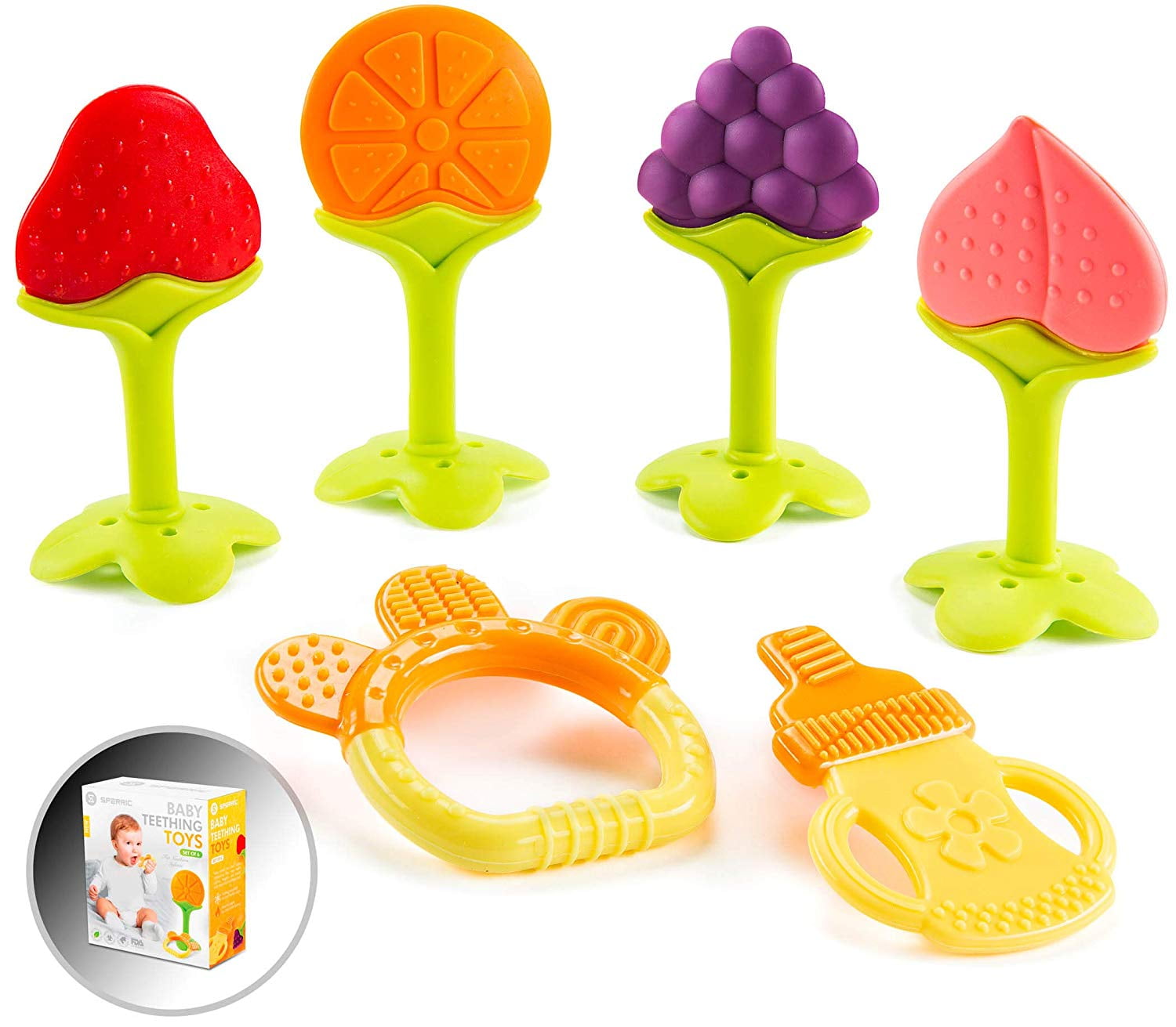 5 Pack of Cute Fruit Teethers and Baby Use BPA Free and FDA Approved for Infant Silicone Teething Toys for Boys and Girls Freezable and Flexible Safe Toddler 