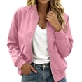 thumbnail image 6 of Womens Stand Collar Bomber Jacket Zip Up Long Sleeve Lightweight Casual Baseball Outwear Coat Loose Fit Daily Streetwear Tops Pink,L, 6 of 9