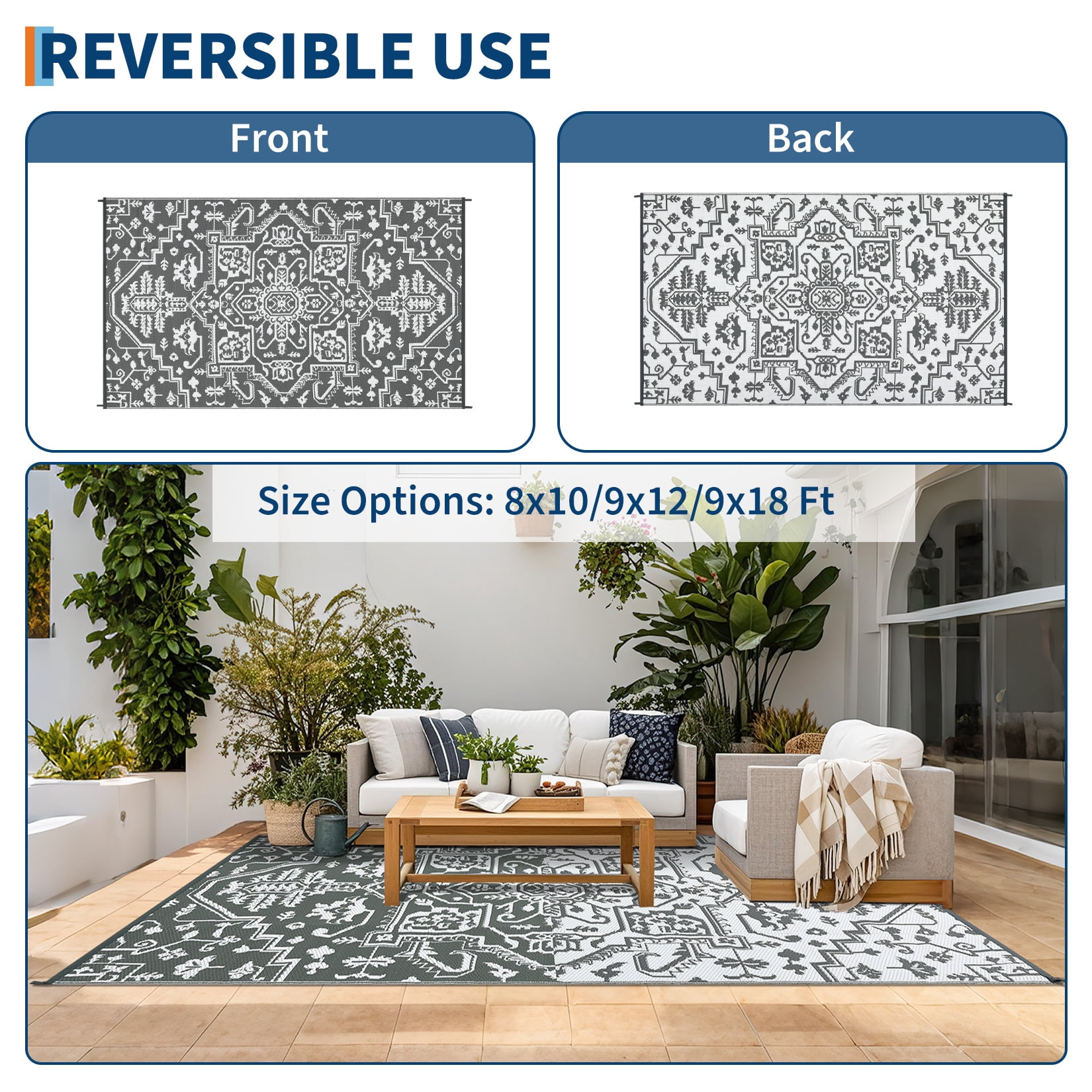 9'x12'/8'x10'/9'x18' Large Outdoor Rug for Patio Rugs, Reversible Straw Rug Medallion Pattern, Vintage Camping Rug for RV, Porch, Deck, Backyard, Balcony