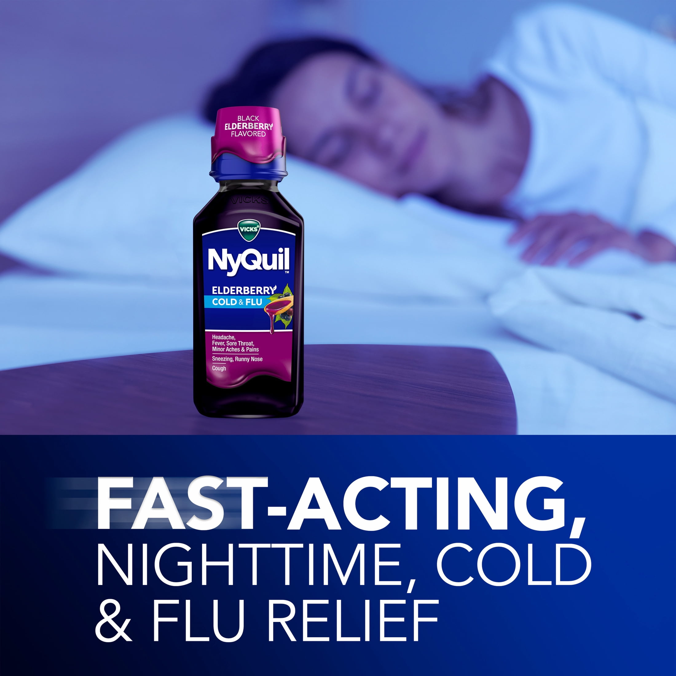 VICKS NyQuil Cold & Flu Medicine, Nighttime Relief, Elderberry Flavor, 12 fl oz