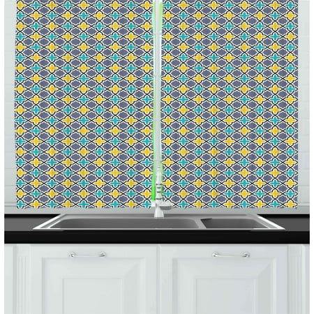 Victorian Trellis - Trellis Curtains 2 Panels Set, Victorian Baroque Ancient Pattern in Vibrant Colors Aged Dated Design, Window Drapes for Living Room Bedroom, 55W X 39L Inches, Purple Yellow Sky Blue, by Ambesonne