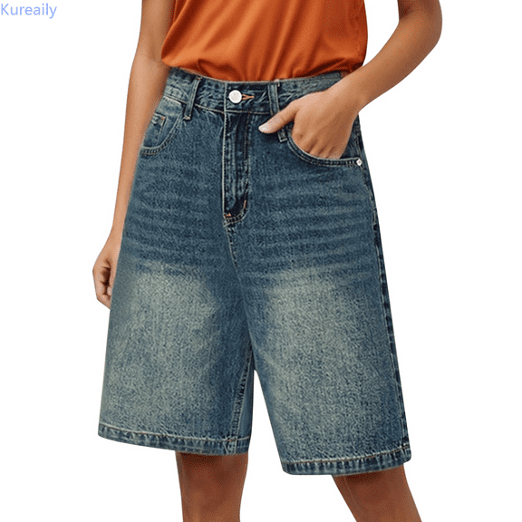 Kureaily Women's Retro Distressed Denim Shorts Loose Straight Leg 5 Pocket Hot Pants