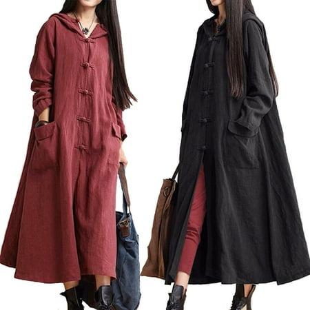 - Women Fashion Casual Pure Cotton&Linen Large Size Long Sleeve Hooded Dress Coat Pocket Jacket Outdoor