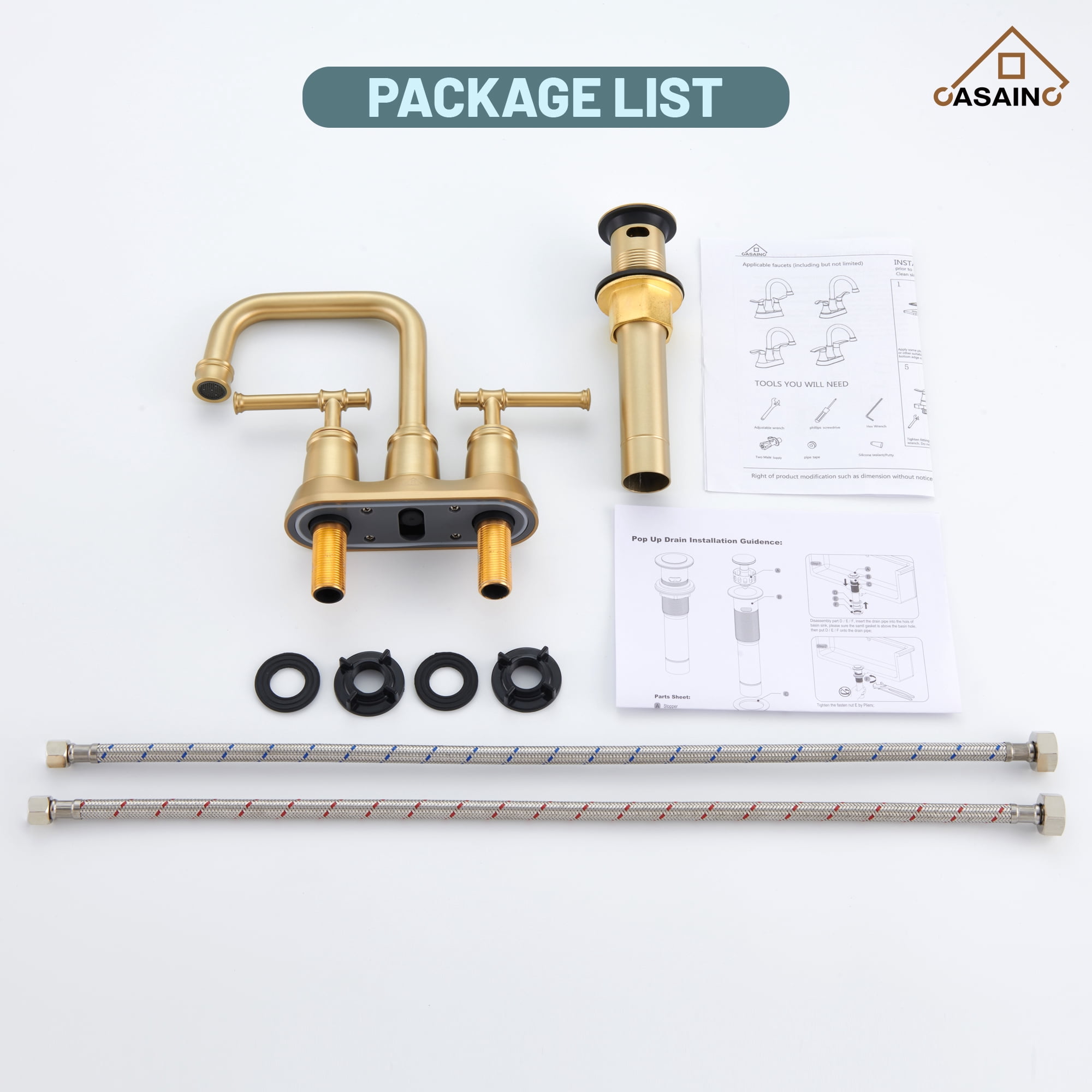 CASAINC 4 in. Centerset Double Handle 2 holes Bathroom Sink Faucet Lavatory Faucet with Stainless steel Drain in Brushed Gold