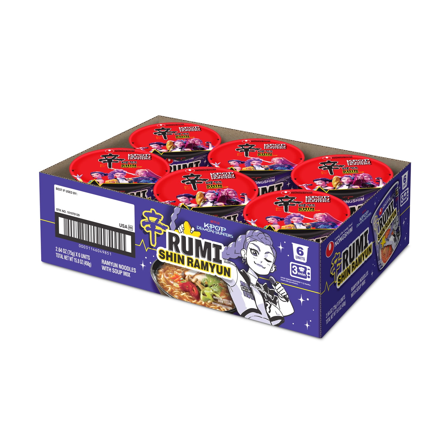 (6 pack) Nongshim K-Pop Demon Hunters Rumi Shin Ramyun Spicy Beef Ramen Noodle Soup Cup, 2.64oz X 1 Count, Shelf-Stable