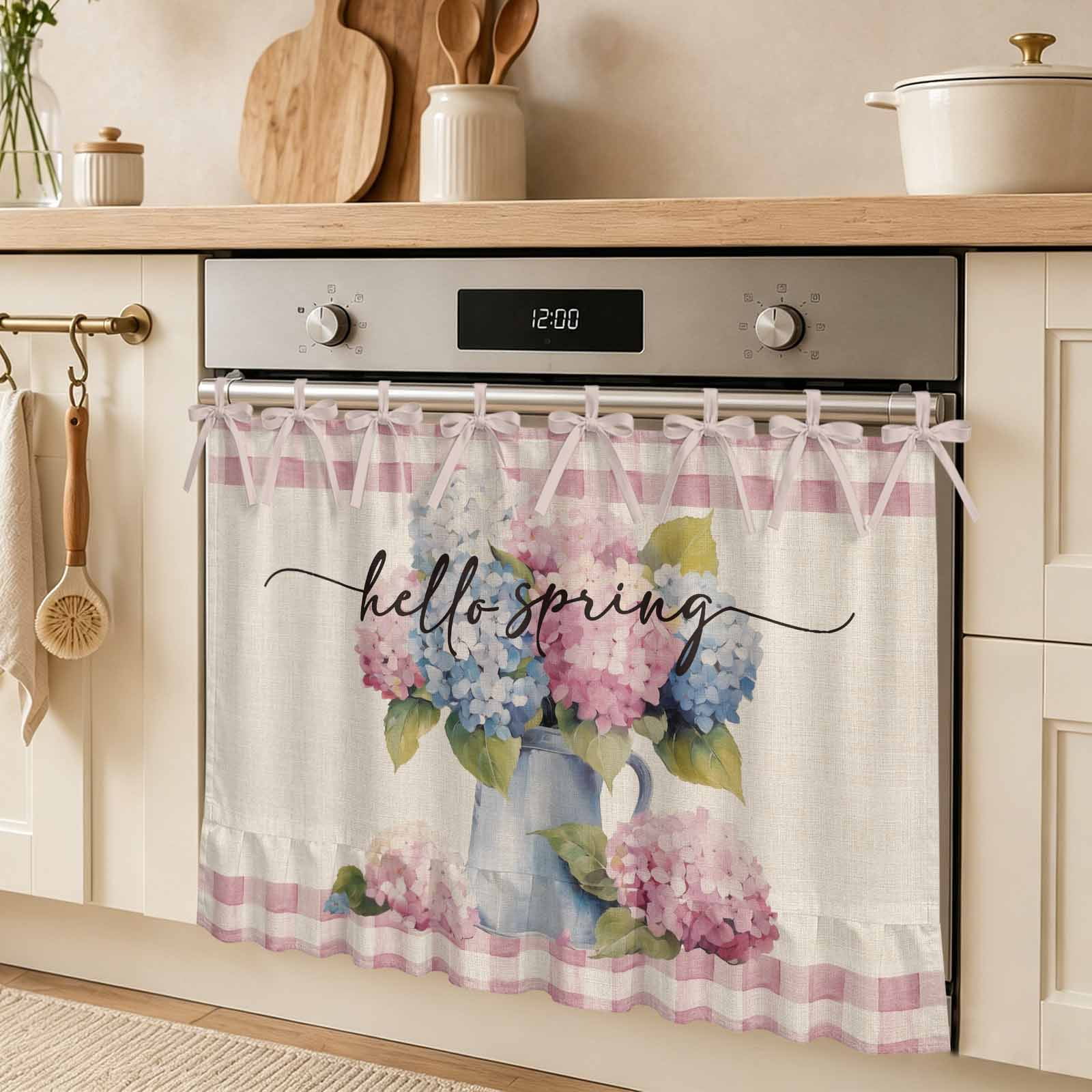 Hello Spring Oven Skirt Curtain Watercolor Hydrangeas Pink Plaid Tie Top Tier Curtains Stove Dishwasher Skirt Small Window Drapes for Kitchen Bathroom Cafe 27 x20