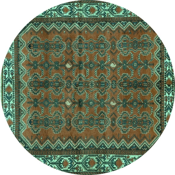 Ahgly Company Machine Washable Indoor Round Persian Turquoise Blue Traditional Area Rugs, 4' Round