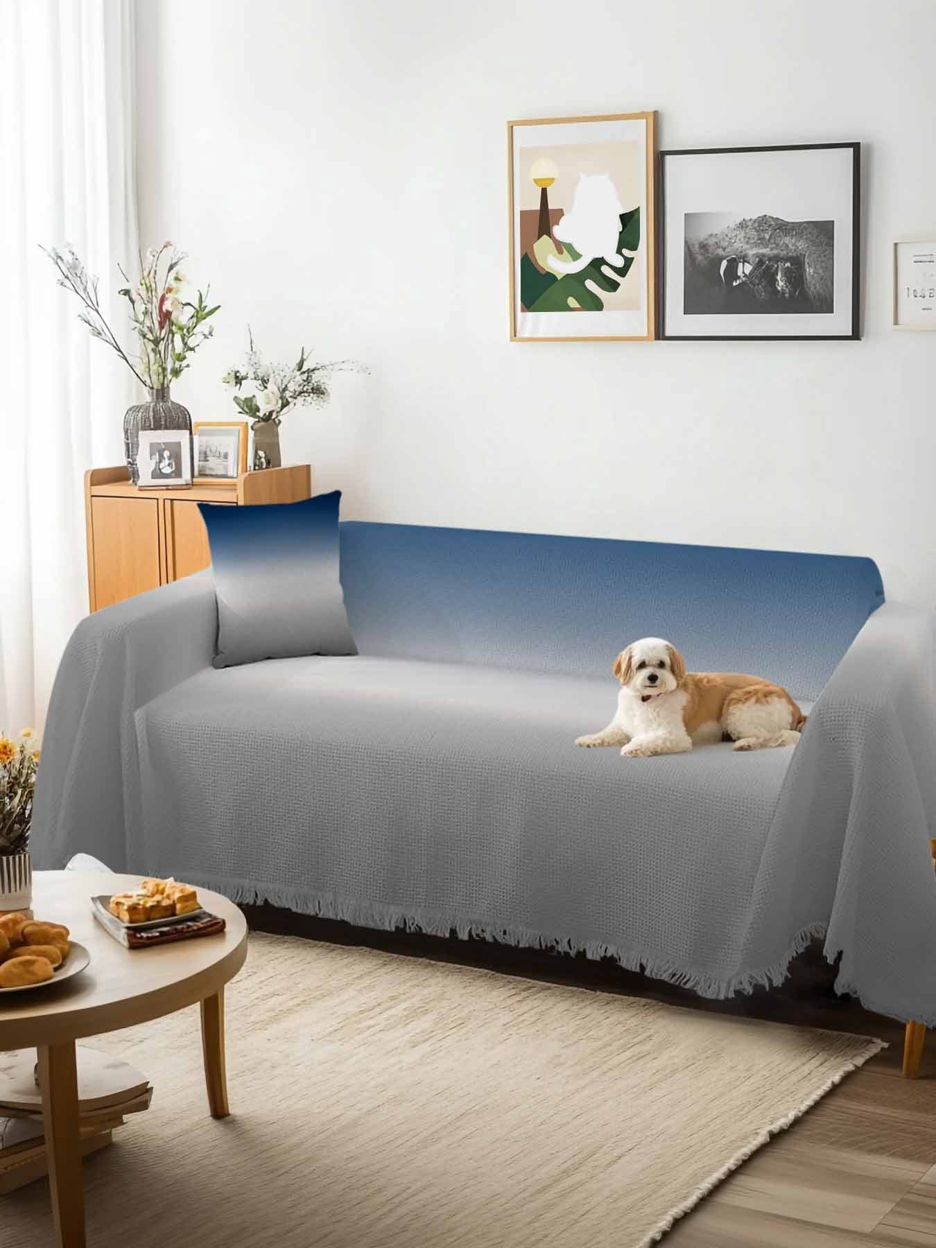 Navy Blue Gray Ombre Couch Cover, Modern Gradient Abstract Art Sofa Cover Blanket for 2 Seat Cushion, Sectional Sofa Slipcover Furniture Protector for Living Room Bedroom 71''x102''