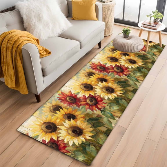 Summer Sunflowers Kitchen Runner Rug 2x6 Washable Runners for Hallway Non Slip Red Yellow Floral Leaf Wood Grain Large Area Rug Indoor Floor Carpet for Bathroom Laundry Entryway Bedroom Living Room