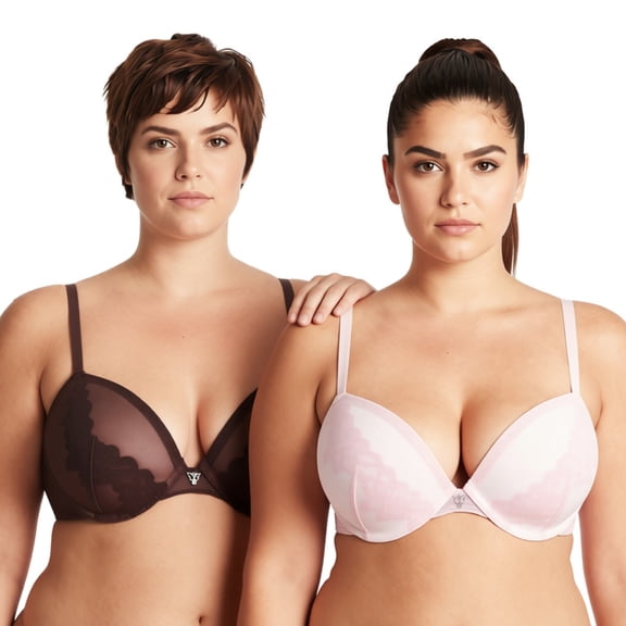 Curve Muse Women Plus Size Underwire Add 1 and a Half Cup Push Up Lace Mesh Bra-2PK-Lt Pink,Brown-32B