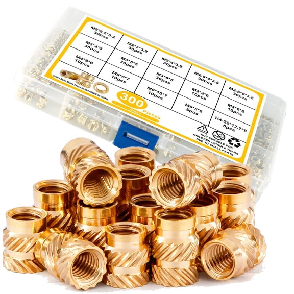 Threaded Insert Nuts Assortment M2-M6 Sizes Brass Material Heat or Ultrasonic Installation, 300pcs