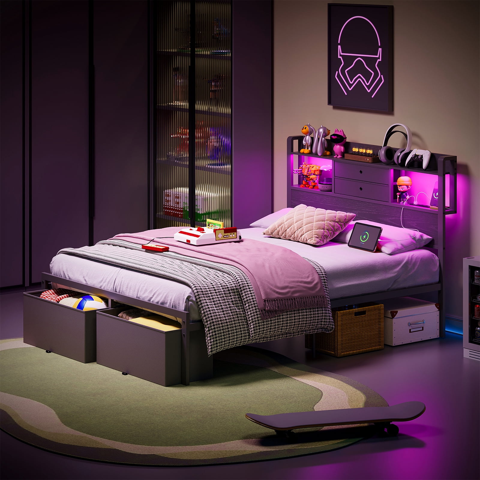 Fairy Full Size Bed Frame with Storage Headboard, LED Lights and Charging Station, Metal Platform Bed with 2 Drawers, No Box Spring Required, Black
