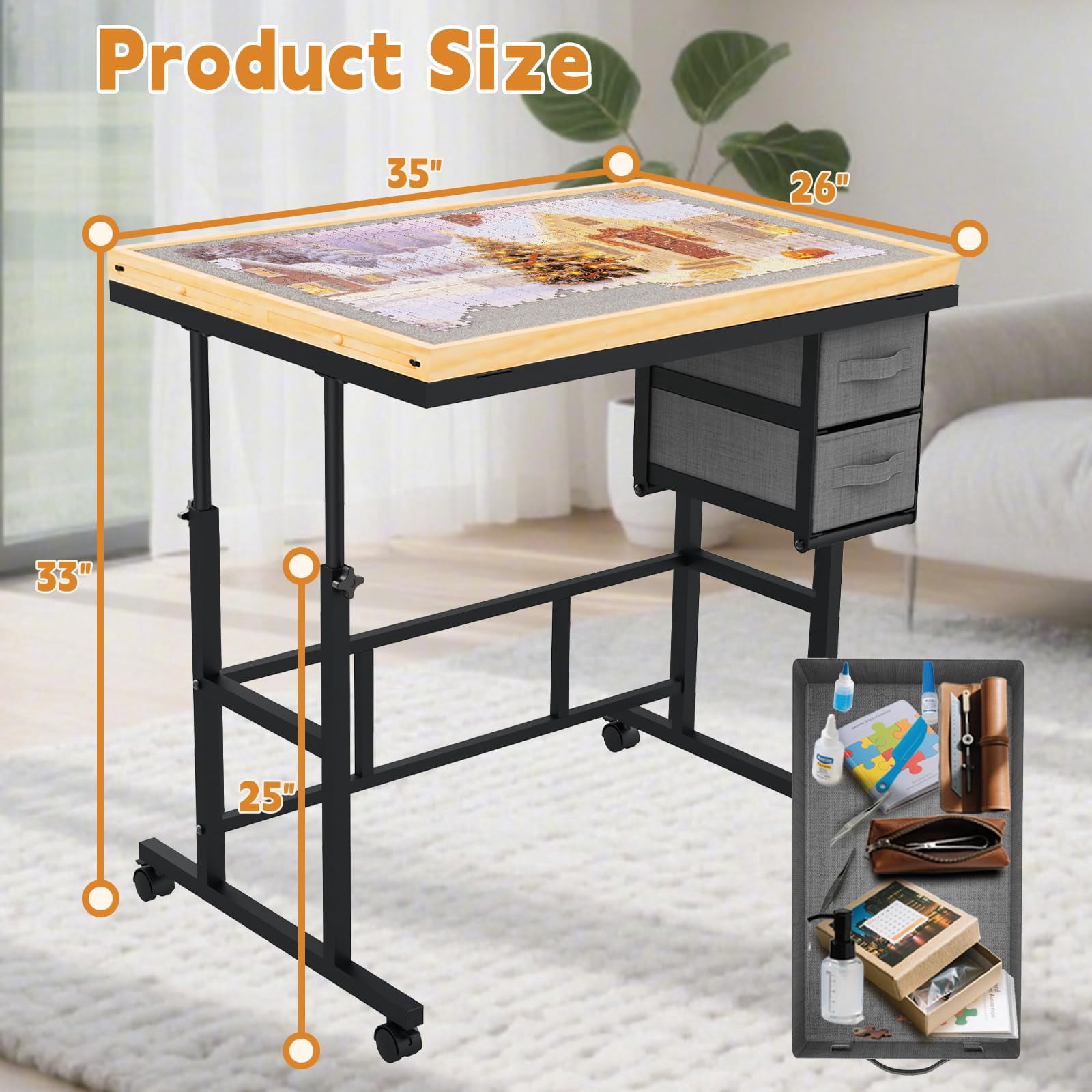 Jigsaw Puzzle Table for Adults with 6 Drawer and Legs, 1500 Pieces Puzzle Table with Protective Cover&Wheels, Adjustable Height and Five up Angles, Natural&Gray