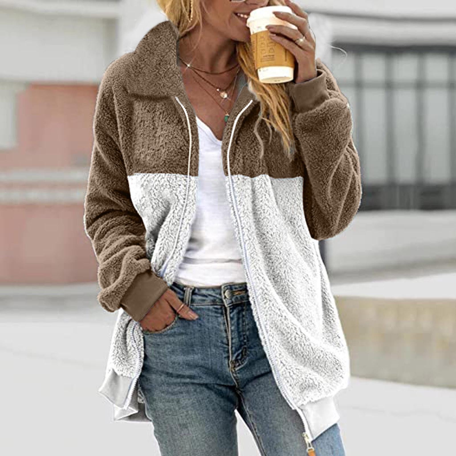 Liquidation à Moins de 7! Mode Femme Sevevn Manches Longues Col Rabattu Patchwork Fermeture Éclair Poches Blouse Manteau Décontracté Cadeau pour Filles Kaki P