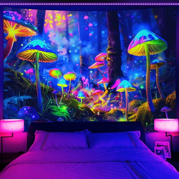 Blacklight Mushroom Tapestry, Trippy UV Mushroom Tapestry for Bedroom, Psychedelic Colorful Forest Mushroom Aesthetic Tapestry Wall Hanging Decor for Living Room,60X40in
