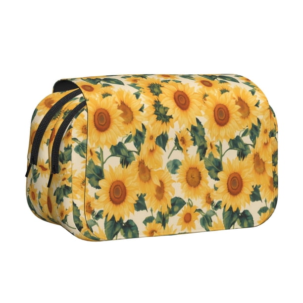 Disketp Green Leaf Sunflower Estuche de Lápices de Doble Capa con Tapa Abatible y Cremallera, Organizador Escolar para Adolescentes y Adultos