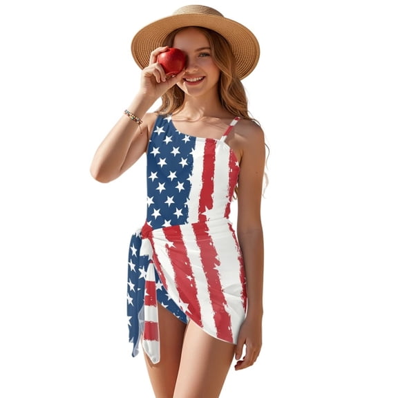 Uourmeti US Flag Print Kids One-Piece Bathing Suit Sleeveless Swimsuit with Mesh Cover Up Skirt Teen Girls Breathable One Shoulder Halter Swimwear