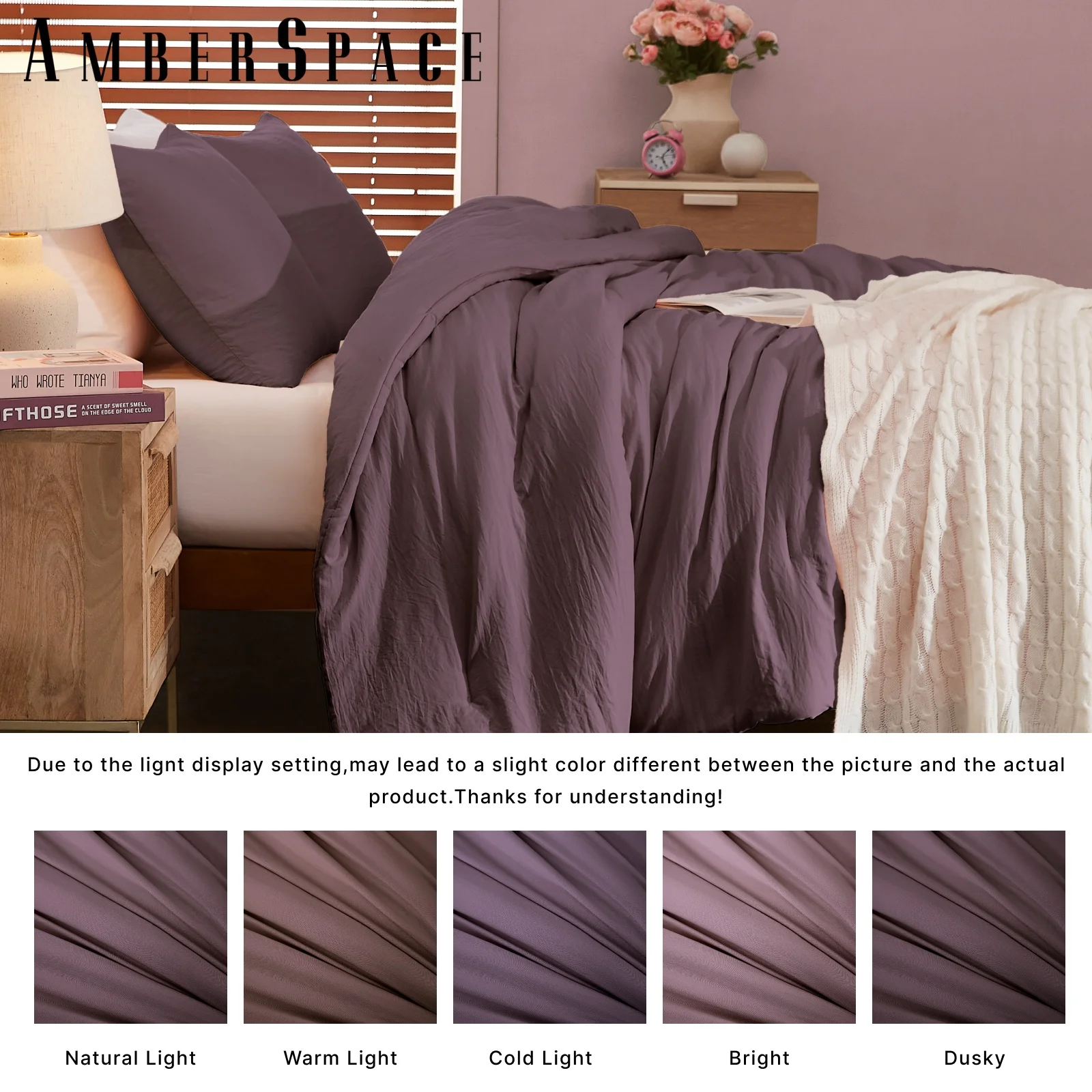 Amberspace Prewashed fabric 3-piece Bed in a Bag Comforter Set with Sheets,Deep Purple,King