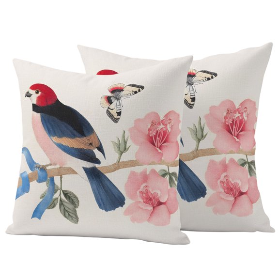 Spring Pink Floral Outdoor Waterproof Pillow Covers, Butterfly Birds on Branch Funny Rustic Decorative Square Throw Pillowcase Sofa Cushion Sham for Patio/Couch/Chair, 16"x16" 2 Pack