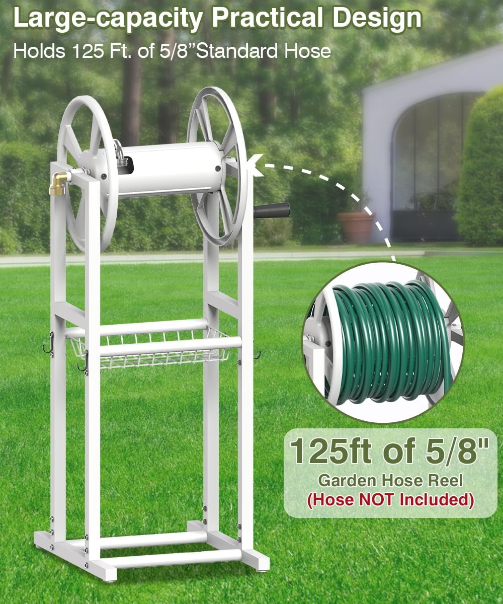 Freestanding Garden Hose Reel holds 125ft Hose of 5/8" with 4 Hooks, 4-Spike Outdoor Hose Holder with 3.9ft Leader Hose & Brass Fitting, Detachable Metal Hose Stand with Storage Rack, White