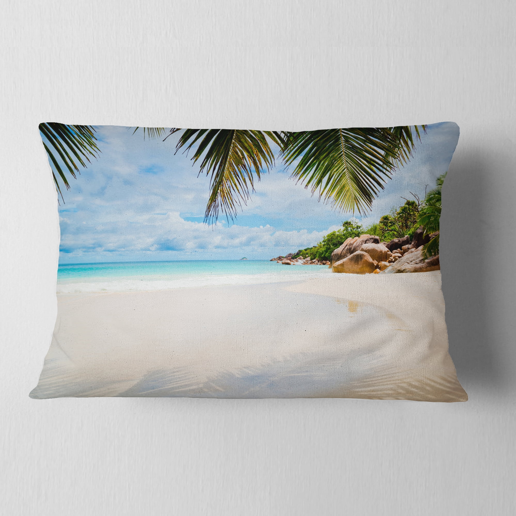 Designart Summer Beach with Palm Leaves - Modern Seascape Throw Pillow - 12x20
