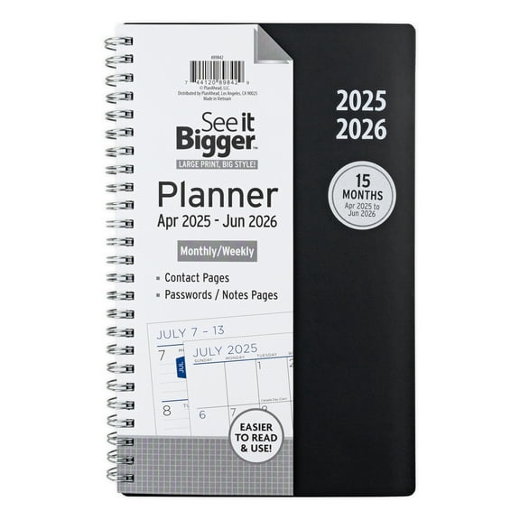 See it Bigger Monthly Weekly Planner Medium (6″ x 8.5″) Black, 15 month, Apr 2025-Jun 2026