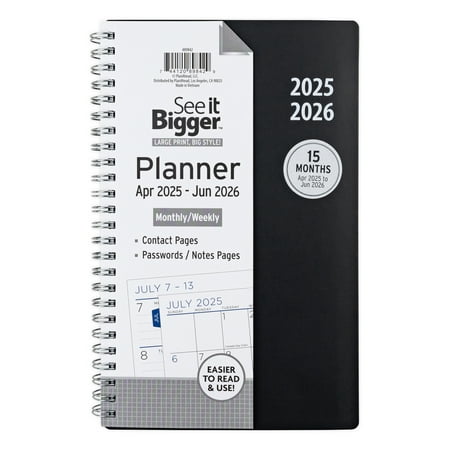 See it Bigger Monthly Weekly Planner Medium (6″ x 8.5″) Black, 15 month, Apr 2025-Jun 2026