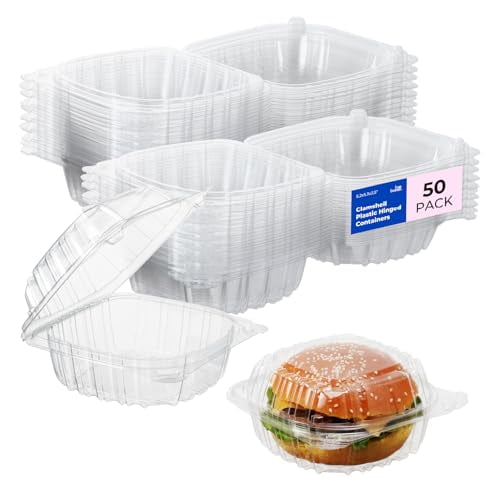 Fit Meal Prep 50 Pack 5.3 x 5.2 x 2.5 Inches Clear Hinged Plastic Containers, Clamshell Take Out Containers, Bakery To Go Disposable Plastic Container, Ideal for Sandwiches Hamburger Salads Cake Frui