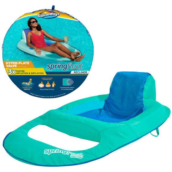 SwimWays Spring Float Recliner Pool Lounger with Hyper-Flate Valve, Inflatable Pool Float, Teal
