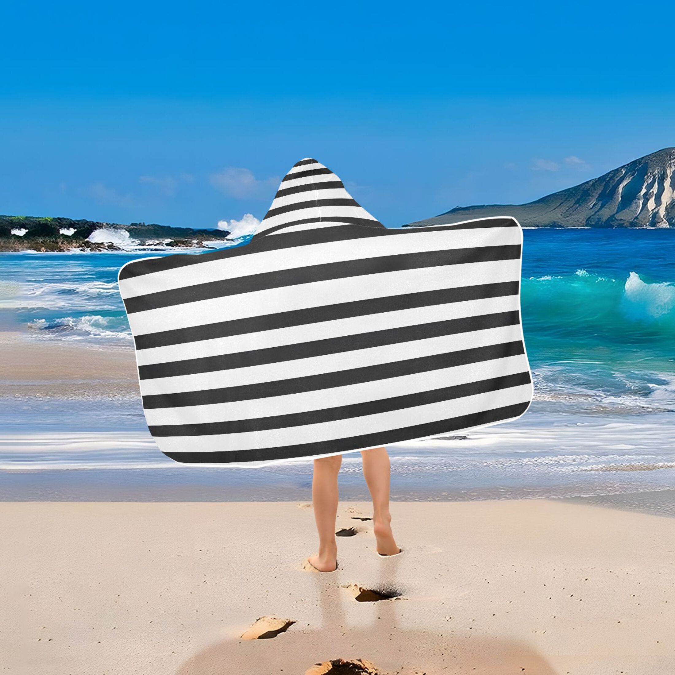 Minimalist Black and White Stripe 50x23.5" Baby Hooded Bath Towel Poncho, Quick-Dry and Triangle Pocket, Kids' Essential