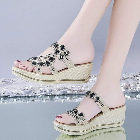 

Yedhsi Women Ladies Crystal Wedges Thick Peep Toe Sandals Slippers Shoes Women s Slippers