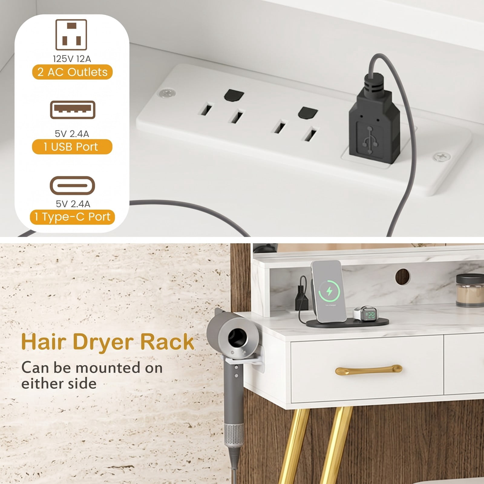 Furnibear Vanity Desk with Mirror and Lights, Makeup Vanity Table and Stool Set with Adjustable Brightness and Charging Ports for Bedroom, White